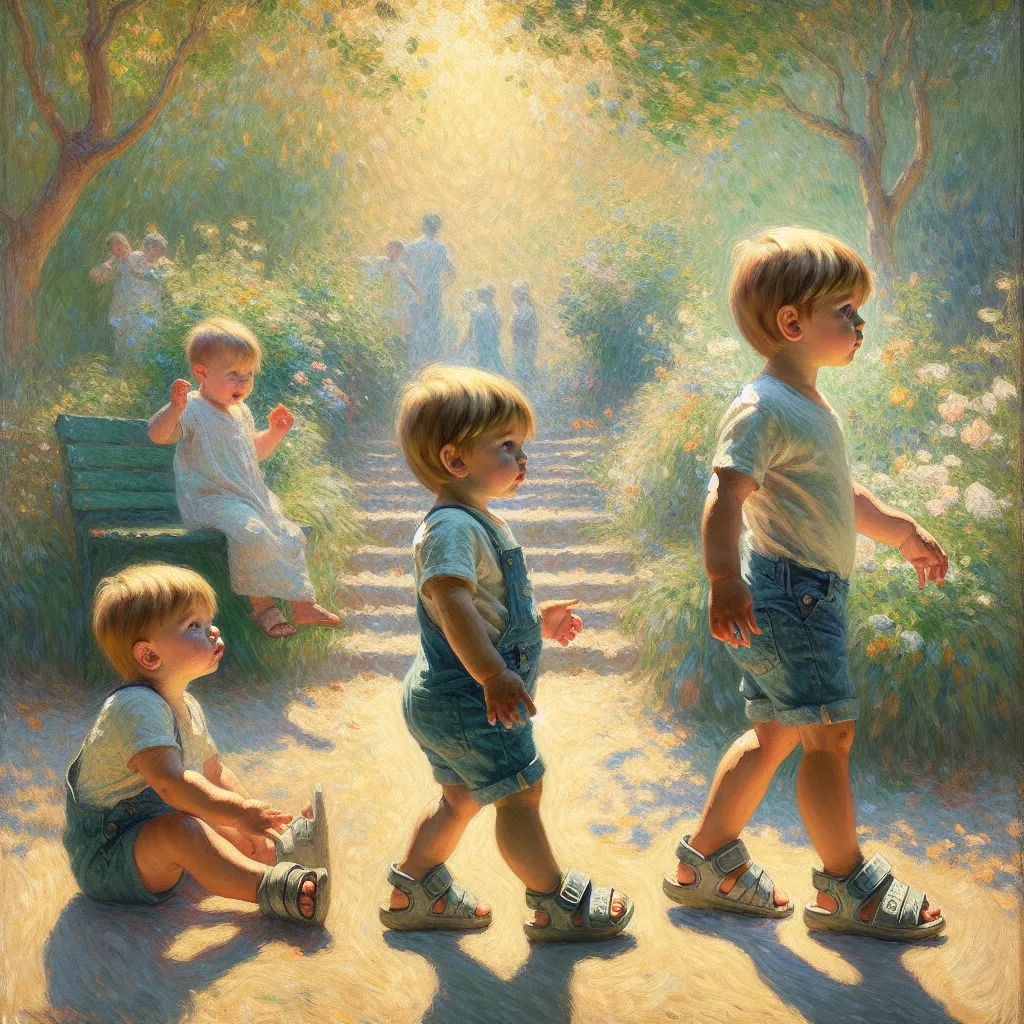 Boy, Toddler, Growth, Transformation, Sandals in the style of Monet