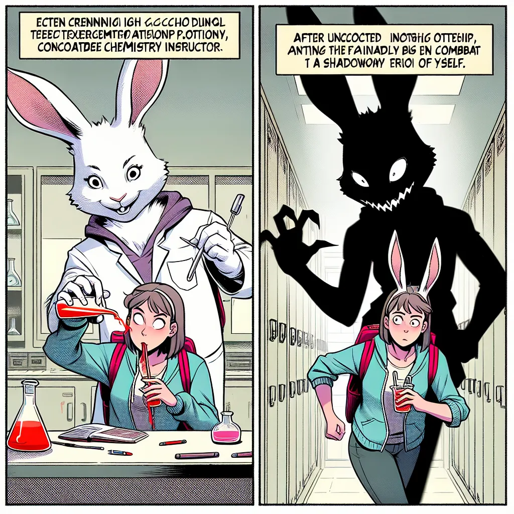 Luna Breezebloom, a high school student, drinks a transformative potion created by her eccentric chemistry teacher. The potion turns her into an anthropomorphic bunny with the ability to absorb and fight her evil shadow counterpart. Chaos ensues as Luna and her shadow engage in a playful yet competitive chase around the school laboratory.