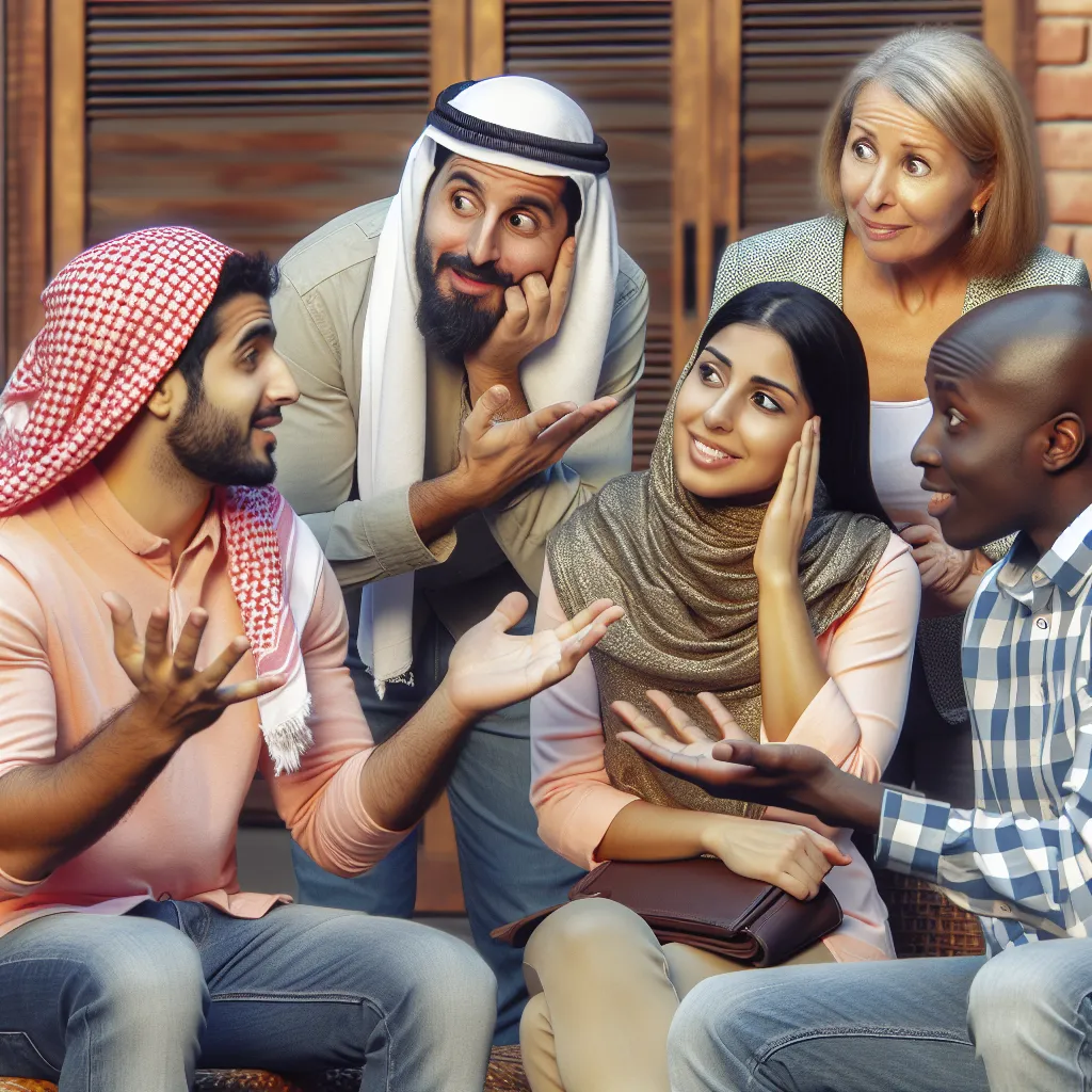 Image description: A diverse group of people from different cultures engaging in a conversation, highlighting the challenges of communication and language barriers.