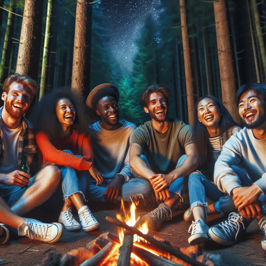 A group of diverse friends sitting around a campfire in a beautiful forest, laughing and enjoying each other's company.