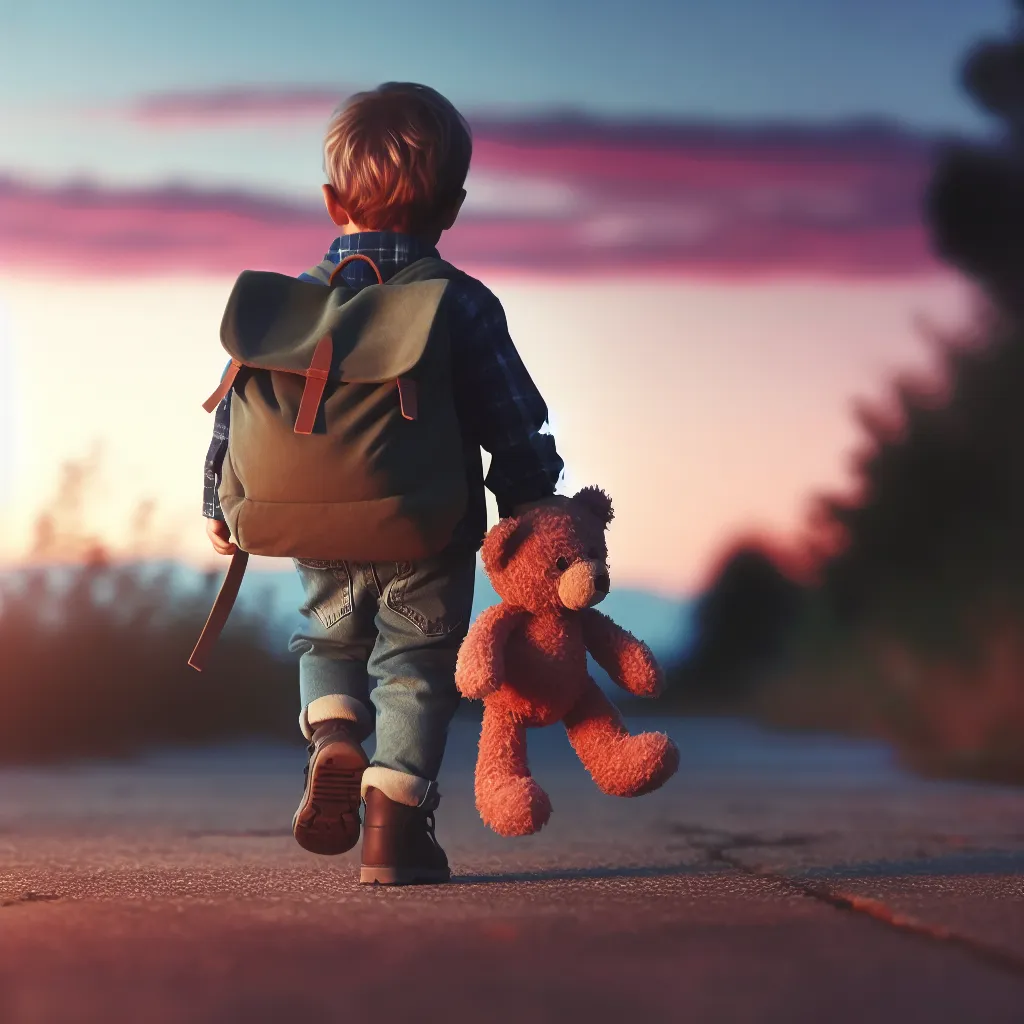 Description: An image of a determined little boy named Tommy, clutching his favorite stuffed animal, embarking on his first solo journey home. The evening sky is a beautiful shade of pink as he walks with confidence and excitement, eager to share his small adventure.