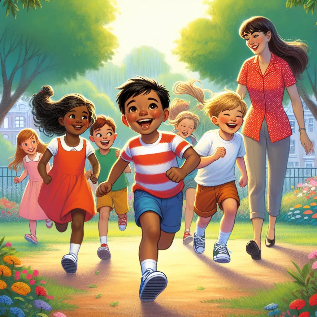 A colorful and heartwarming image of a boy and his friends playing in a park, with a surprise encounter that leads to an unexpected body swap. The image shows the boy, Owen, and his friends Abby, Jake, and Emily running and laughing together. In the background, a woman named Laura approaches them, dressed in a red tank top with white polka dots and white shorts. The image represents the beginning of a transformative journey for Owen as he adjusts to his new life in Laura's body.