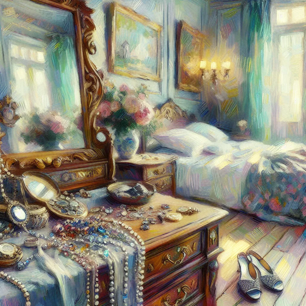 Bedroom, Transformation, Jewelry, Mirror, Sandals in the style of Monet