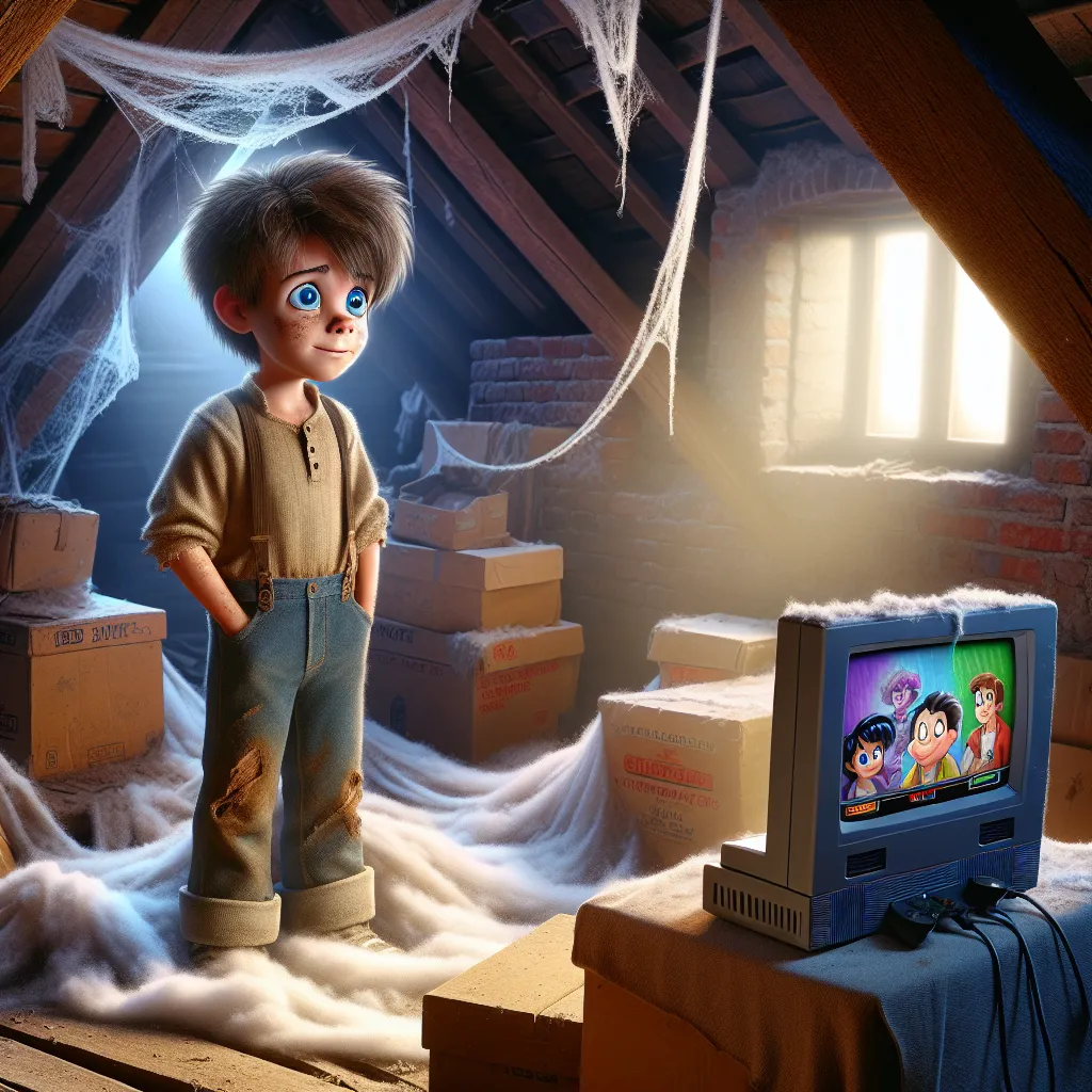 An image that could accompany this story would be a young boy with messy brown hair and blue eyes, standing in an attic filled with cobwebs and boxes. He is wearing oversized clothes and looking at a game console on a dusty sheet. The console is glowing with vibrant colors, with male and female cartoon characters displayed on the screen.