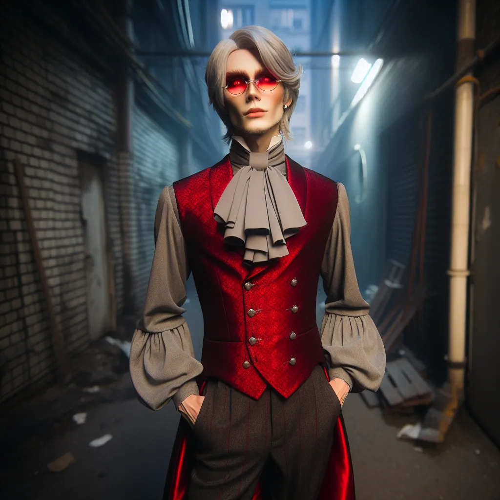 An image description for "The Transmutation of Stolas: A Prince's Descent into Darkness" could be: A tall, regal figure with gray hair and red-lensed glasses stands in a dimly lit alleyway. They wear a red vest with coat-tails, a gray long-sleeve shirt with a high collar, and a light gray puff tie. Their surroundings are mundane compared to the grandeur they now know. With a mischievous glint in their red eyes, they plan to indulge in decadence and dark pursuits. Through the transformation, the 