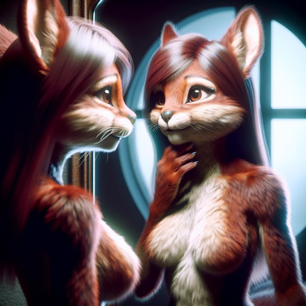 A transformed anthropomorphic squirrel girl gazing at her reflection in the mirror, her fur a rich brown with hints of russet. With delicate features, prominent ears, and elegant whiskers, she stands with a sense of relief and anticipation, ready to embrace her new life and embark on a journey of self-discovery. Moonlight filters through the window, casting an ethereal glow on her transformed figure.