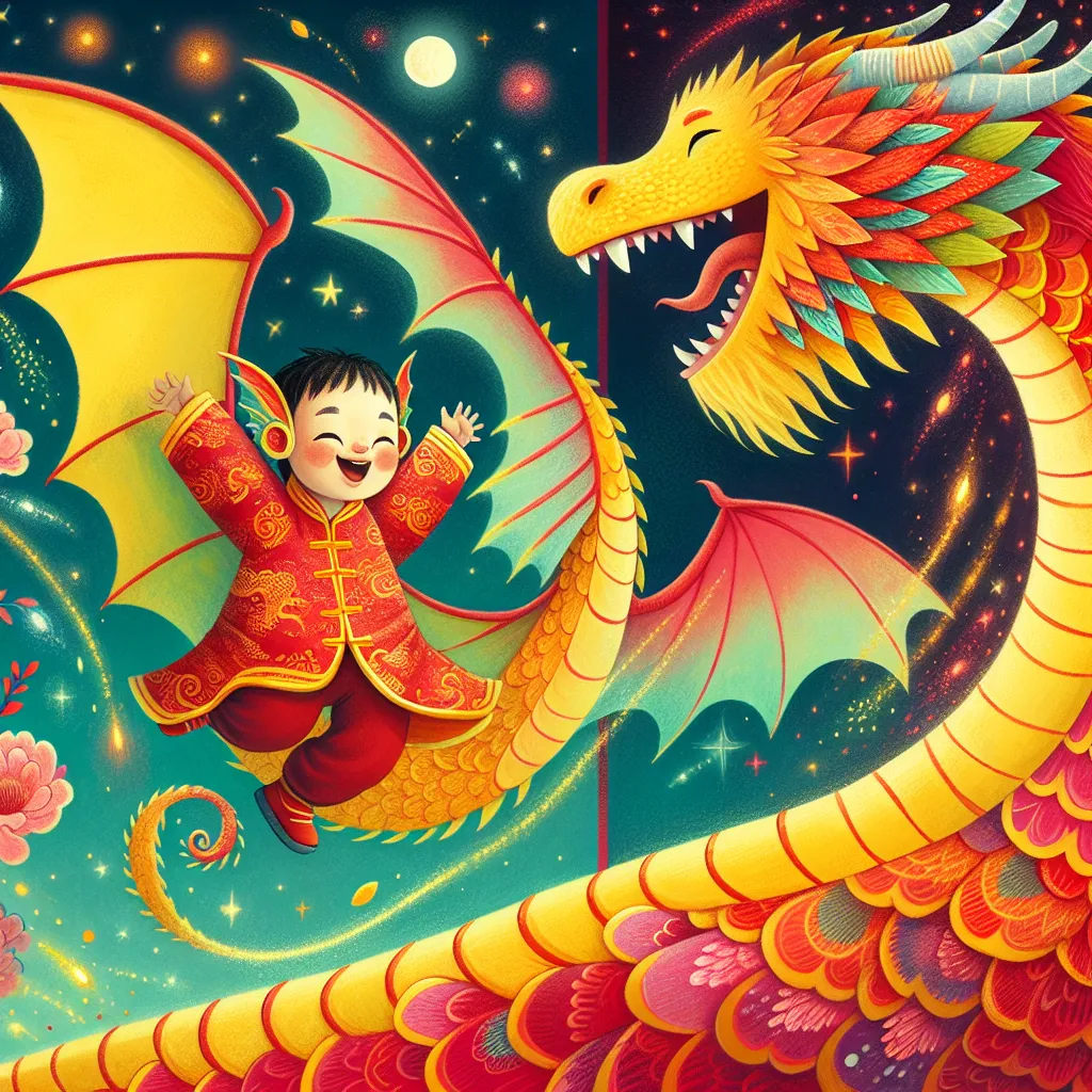A young mother and her son undergo a magical transformation during the Lunar Year of the Dragon. With scales shimmering in vibrant red and yellow hues, they sprout wings, elongated ears, and a snout, becoming anthro dragonesses. Together, they embrace their newfound abilities and take flight, basking in the freedom and joy of their shared blessing.