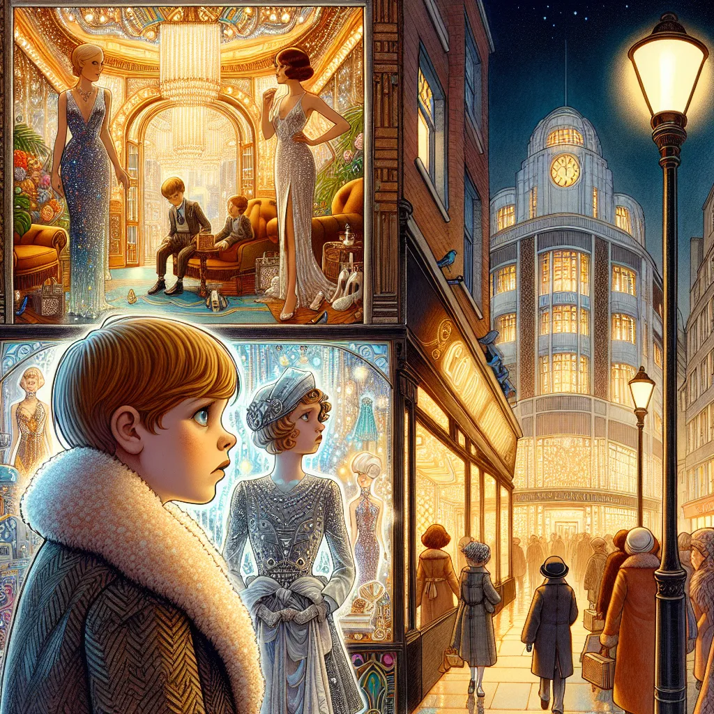 A detailed, thorough story unfolds with 270 numbered sentences, depicting young Oliver's mysterious transformation into British women's world amidst glamorous happenings at a store and a subsequent evening out, revealing emotional turmoil and a yearning for home.