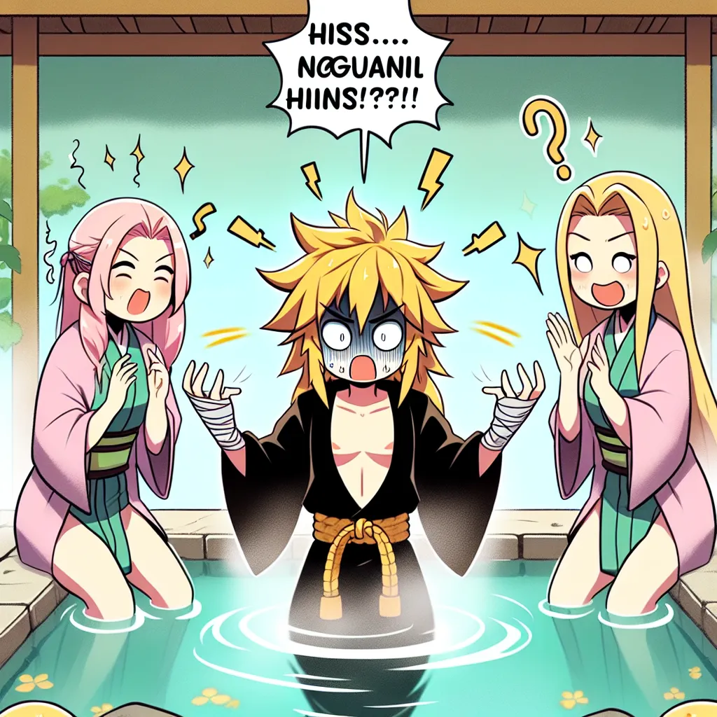 A character, Naruto, undergoes a magical transformation into a female version named Naruko while visiting the hot springs with friends Sakura and Ino. The image should capture Naruto's shock and confusion as they transition into a new feminine form, surrounded by the accepting yet teasing gazes of their friends.