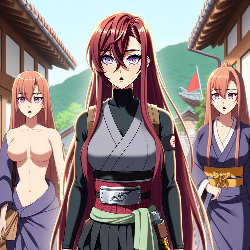 An image of a transformed Naruto, now Natsumi Uzumaki, standing at the entrance to the Konoha Hot Springs with her friends Sakura, Ino, Tenten, and Hinata. Naruto's appearance has drastically changed, with long silky scarlet hair, captivating violet eyes, and a feminine figure. Naruto, now Natsumi, is bewildered and distressed by the transformation, while her friends seem oblivious to the change. The image captures the tension and uncertainty of this altered reality that Natsumi finds herself in