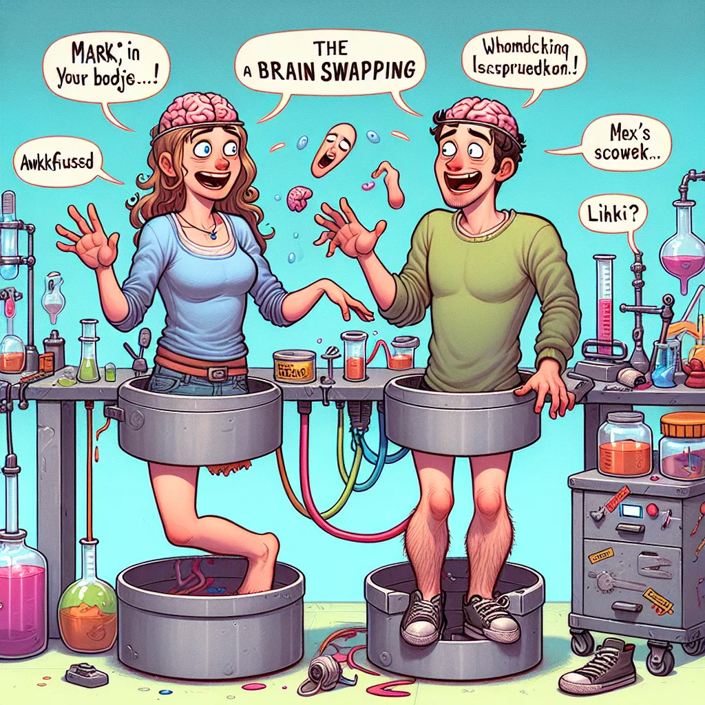 A humorous and chaotic scene unfolds as a brain-swapping experiment results in Mark inhabiting Lexi's body, leading to laughter, self-discovery, and a newfound appreciation for the opposite gender's experience.