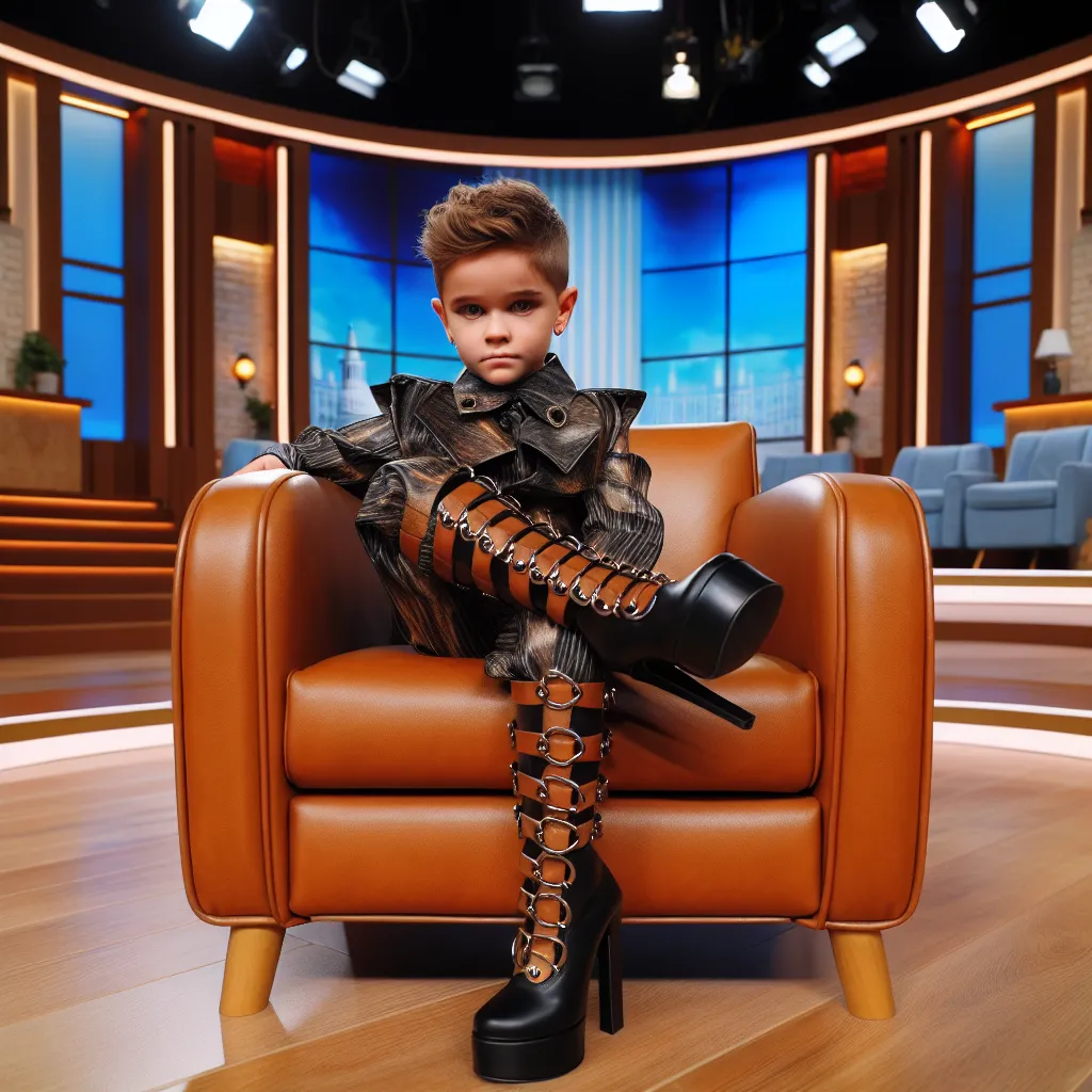 The image that will accompany this story is a young boy sitting in a large, leather chair on the set of Dr. Phil. He is wearing black stiletto heels, a skimpy outfit reminiscent of Bhad Bhabie's style, and has undergone a complete transformation into Bhad Bhabie. She looks confident and ready to face the world, with a determined expression on her face. The room is brightly lit, with a distinctive Dr. Phil backdrop visible behind her.