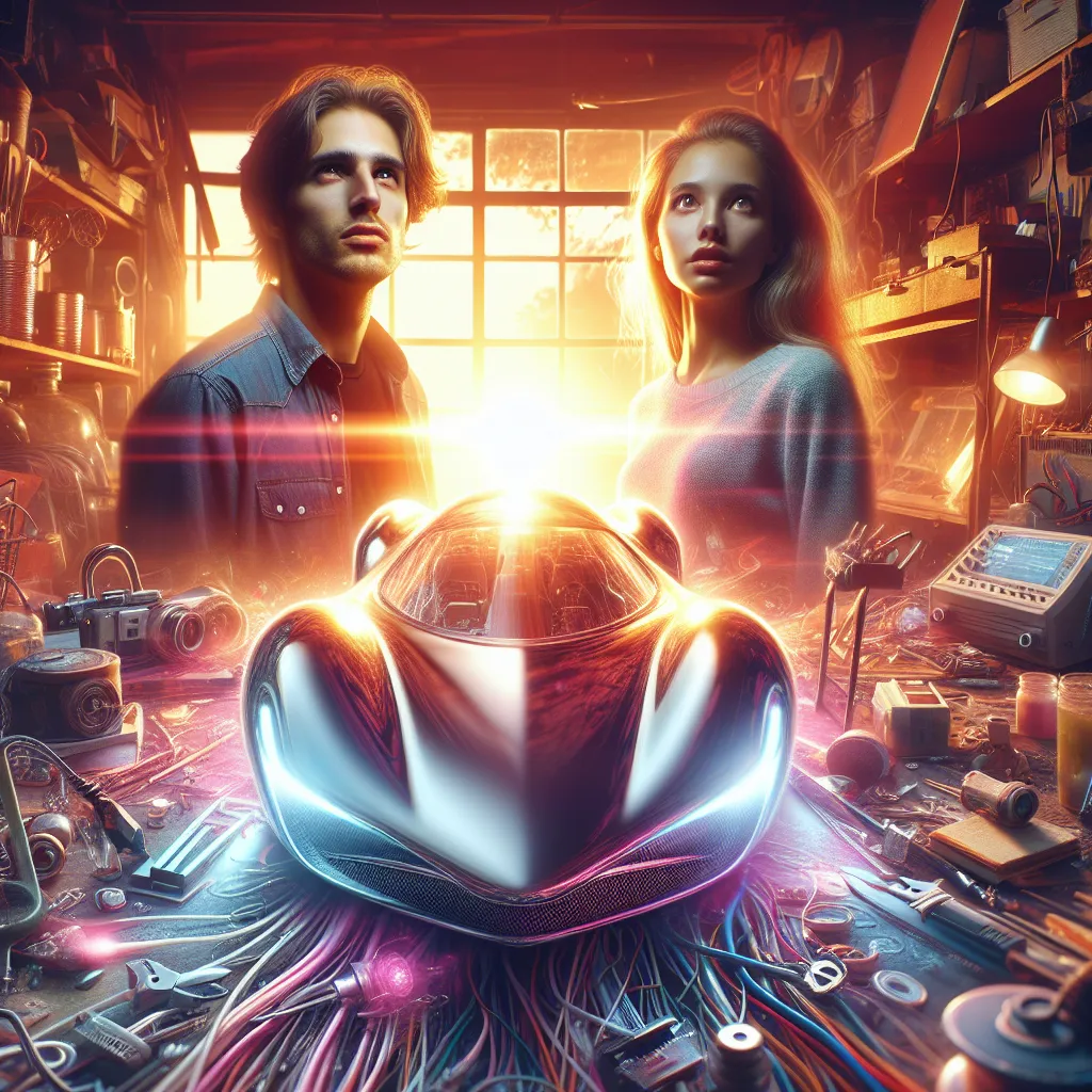 The image accompanying this story is a depiction of two individuals, one male and one female, standing side by side in a cluttered garage. They are surrounded by wires, gadgets, and unfinished projects, with a sleek, metallic device in the center. The sunset outside casts a warm glow through the windows, painting the scene with hues of orange, pink, and purple. The expressions on their faces are a mix of excitement, awe, and determination as they prepare to embark on an extraordinary journey of 