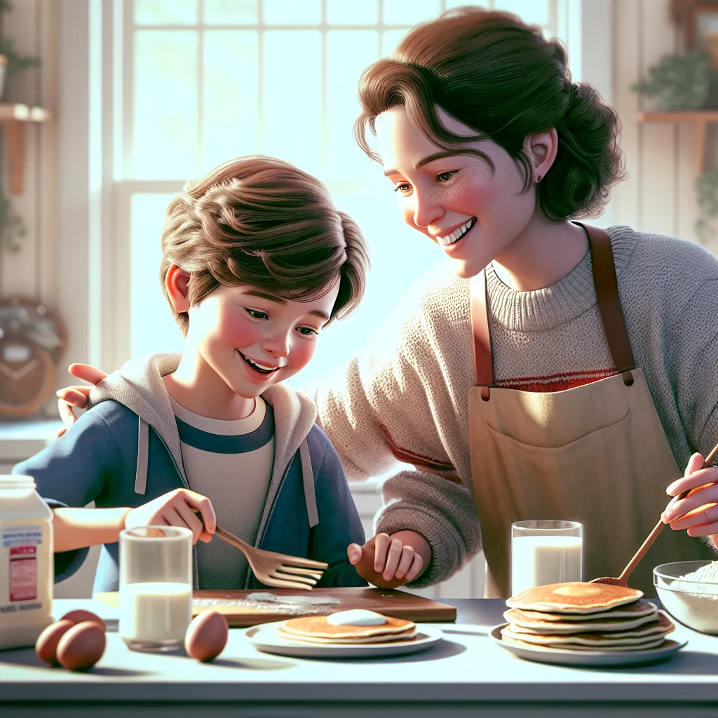 An imaginative story of transformation: A boy named Wesley accidentally experiences life as his mom, Natalie, before returning to his own body. Wesley and Natalie bond over making pancakes, their love and connection shining through.