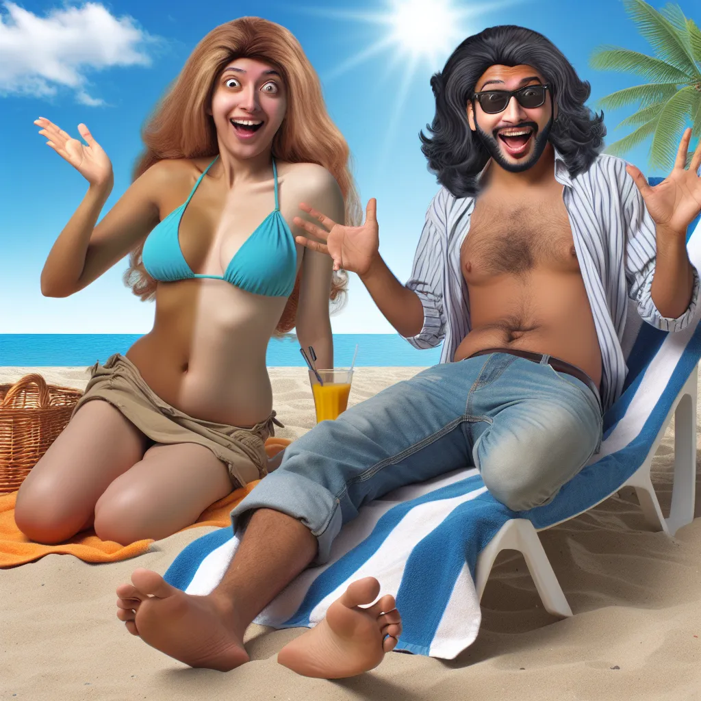 Description: A comedic image depicting two friends in each other's bodies, with one friend, now in a woman's body, striking a funny pose and the other friend, now in a man's body, wearing a bikini and lounging in the sun. They are both laughing and enjoying their unexpected bodies, creating a hilarious and light-hearted atmosphere.