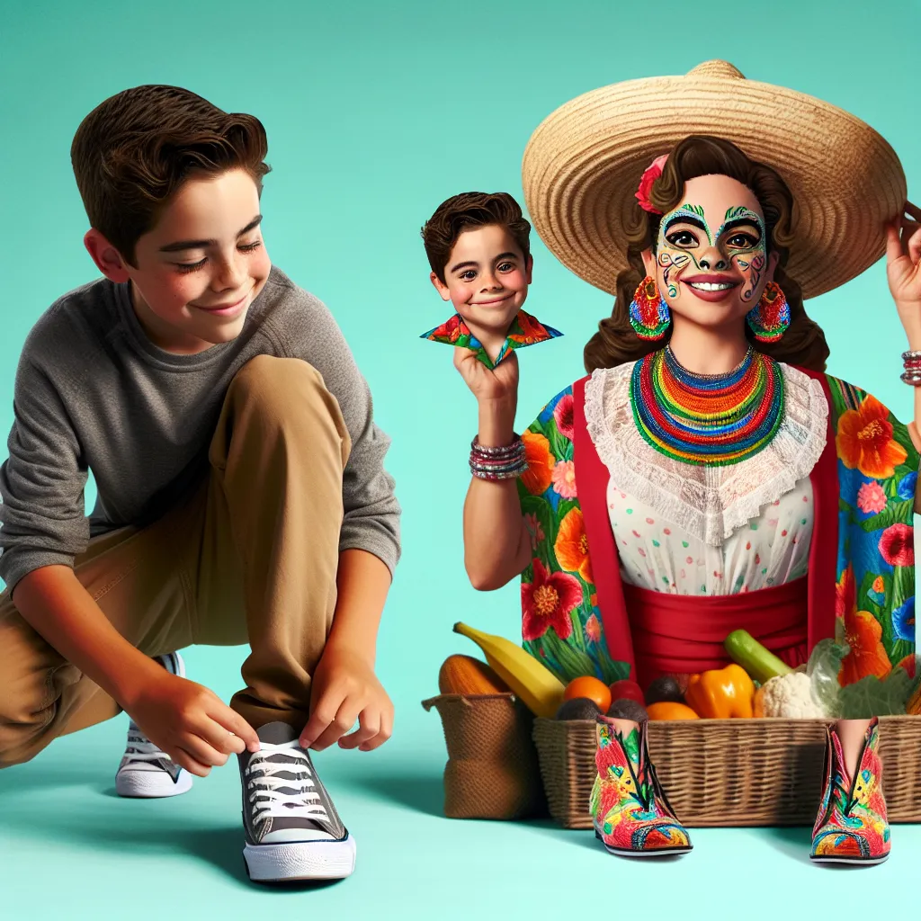 A young boy named Dylan morphs into the vibrant Mexican mother, Yolanda García, after an accidental transformation while trying on her shoes. Yolanda, now fully embodied in Dylan's form, embraces her new identity with colorful clothing, jewelry, and vibrant personality, ready to embark on a grocery shopping adventure and share her love for Mexican traditions with her son's former mom, Riley.