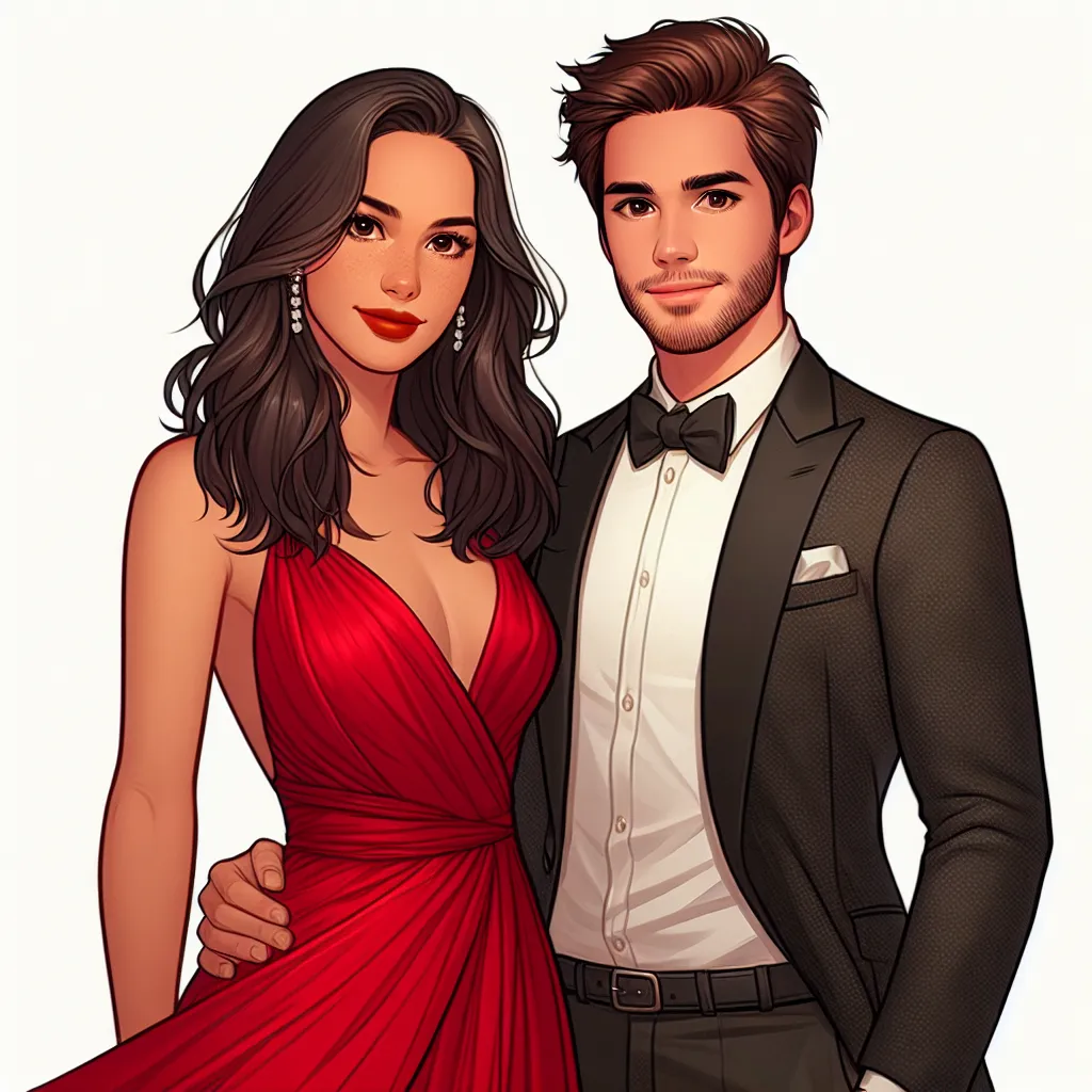 The accompanying image depicts a young man and woman standing side by side, both dressed in elegant attire. The woman, formerly known as Dave, now goes by Daisy and exudes confidence and beauty in a flowing red dress. They share a warm gaze and a playful interaction, showcasing their deep friendship and the newfound romantic connection between them.