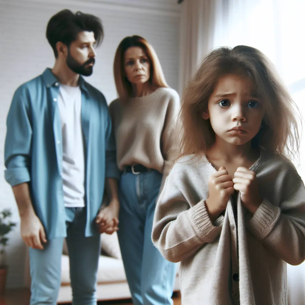 Description: A young girl in a nightgown, with disheveled hair and tears in her eyes, clutches the hem of her garment. Her parents, concerned and unsure, stand at the door, offering comfort and support.