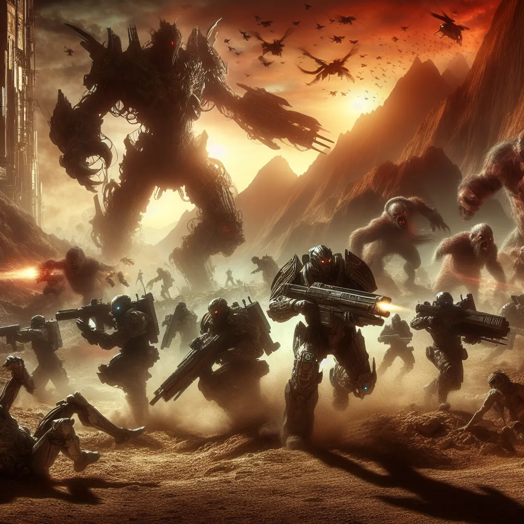A fierce battle on the blood-soaked wastes of Hell between the United Earth Protectorate and hellish forces, featuring advanced technology, powerful warriors, and chaos reigning supreme.
