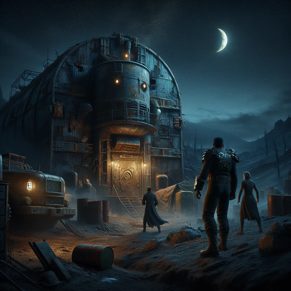A dark, desolate wasteland under a starry night sky with a pale crescent moon. Three figures stealthily approach a rusted, fortified hideout made of corrugated metal and concrete, surrounded by scrap machinery and chemical barrels. The foreground shows mutant Laura watching warily from shadowed uneven terrain, tense and alert with claws ready. Ahead, Logan and a nervous blonde woman stand before a battered wooden door with steel-plated windows glowing faintly. The air is thick with suspense, the