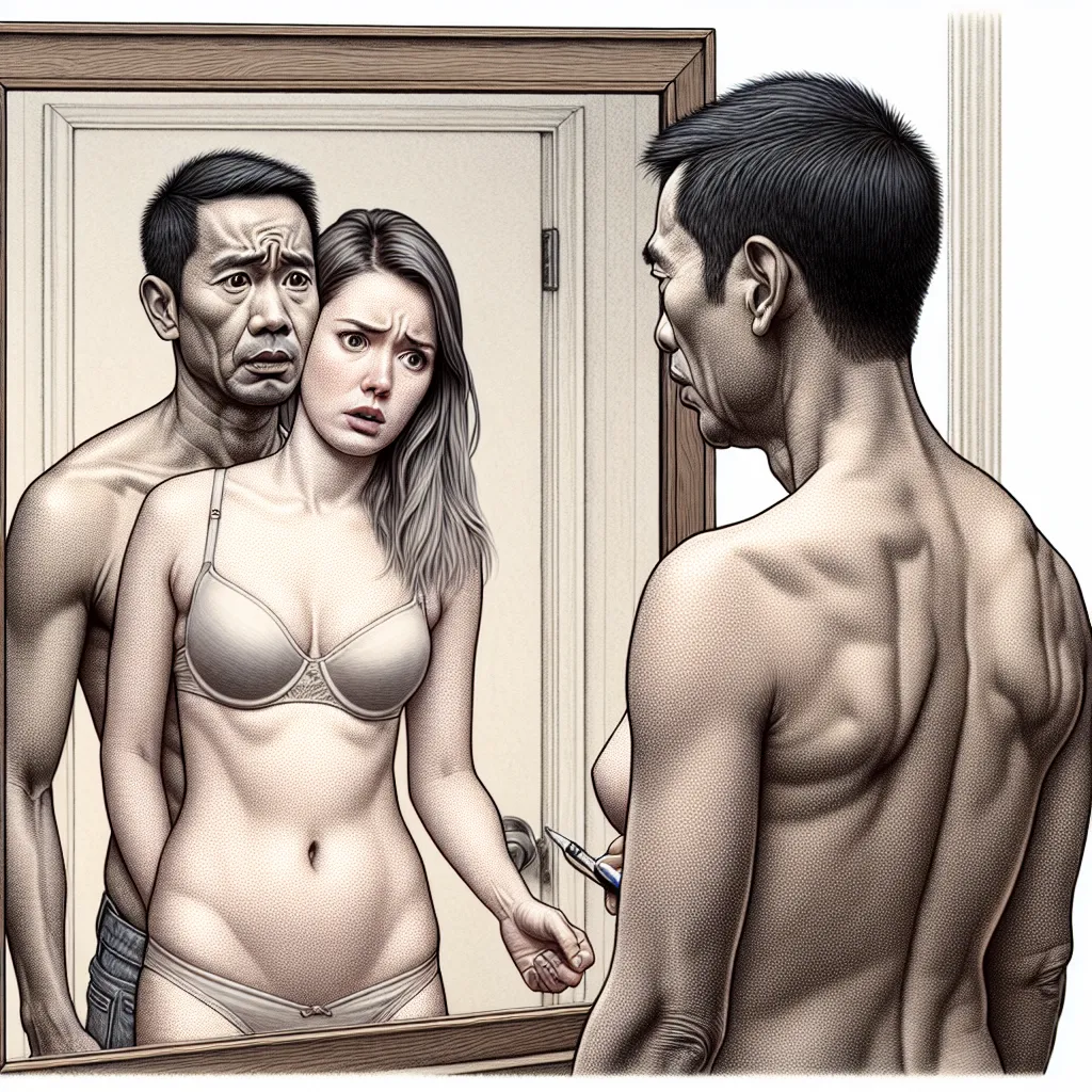 Description: An image of two people, one male and one female, standing face to face in front of a mirror. The male, now trapped in the female body, looks distraught and uncomfortable, while the female, in the male body, appears confused and concerned. The mirror reflects their swapped images, highlighting the shock and distress they feel. The image captures the horror and despair of their situation as they grapple with their newfound identities and the challenges they face.