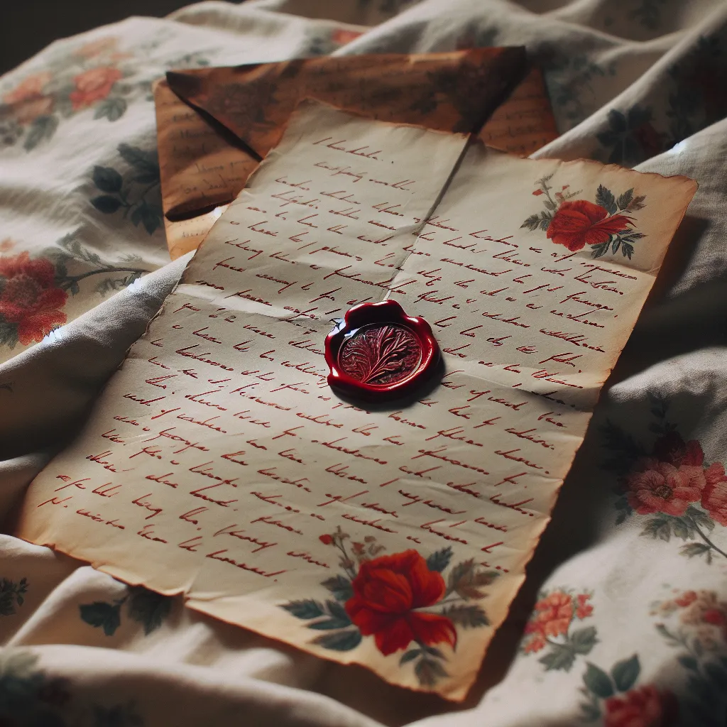 A handwritten letter with a red wax seal lies on a vintage, floral-patterned bedspread. The image evokes a sense of longing and romance, capturing the emotions of two individuals who have fallen in love through their intimate correspondence.