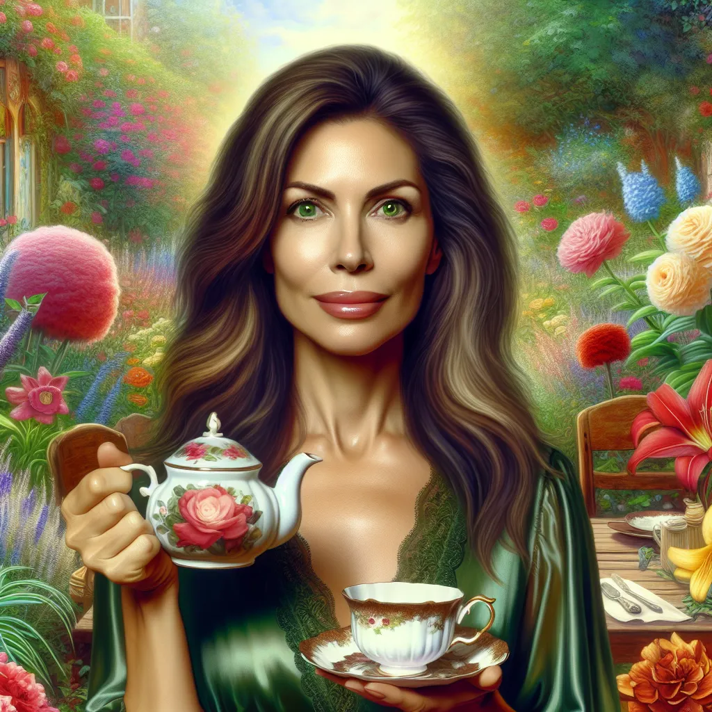 An image to accompany this story could depict a woman in her forties with long brunette hair, bright emerald green eyes, and a confident posture. She could be shown in a garden, surrounded by vibrant flowers, holding a vintage tea set. The image should capture her resilience and the sense of balance she has found in her transformed life.