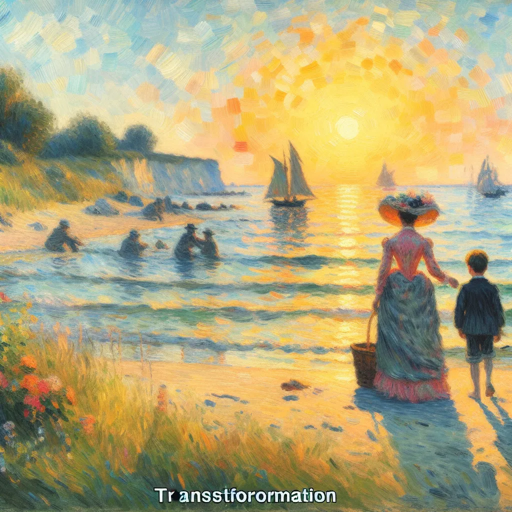 Transformation, Boy, Mother, Transformation Scenario, Beach in the style of Monet
