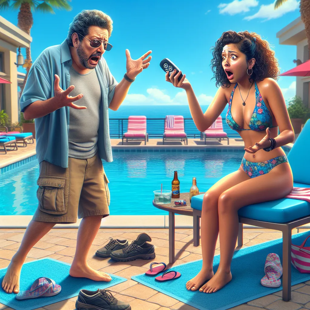 A poolside scene where two friends experience a reality-altering body swap, depicted with humor and disbelief as they navigate the changes, one friend nonchalantly embracing the new reality while the other grapples with the consequences of a broken swap remote.