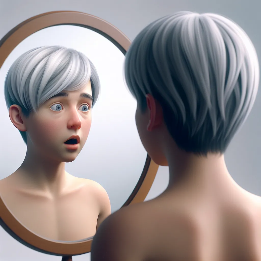 An image that represents the transformation of Tommy into his great-aunt Betty: a young boy standing in front of a mirror, a reflection of an older woman with silver-grey hair and styled in a neat bob. The image should capture the surprise and confusion on the boy's face as he sees his transformed reflection.