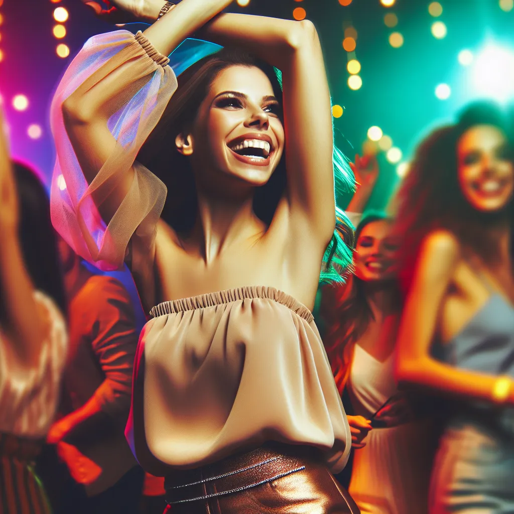 A young woman named Jessica celebrates her newfound confidence and freedom in a vibrant nightclub. She dances, makes new friends, and embraces her transformed identity with joy and excitement. The image will capture the energy and positivity of Jessica's night out, showcasing her stylish outfit, radiant smile, and the lively atmosphere of the club.