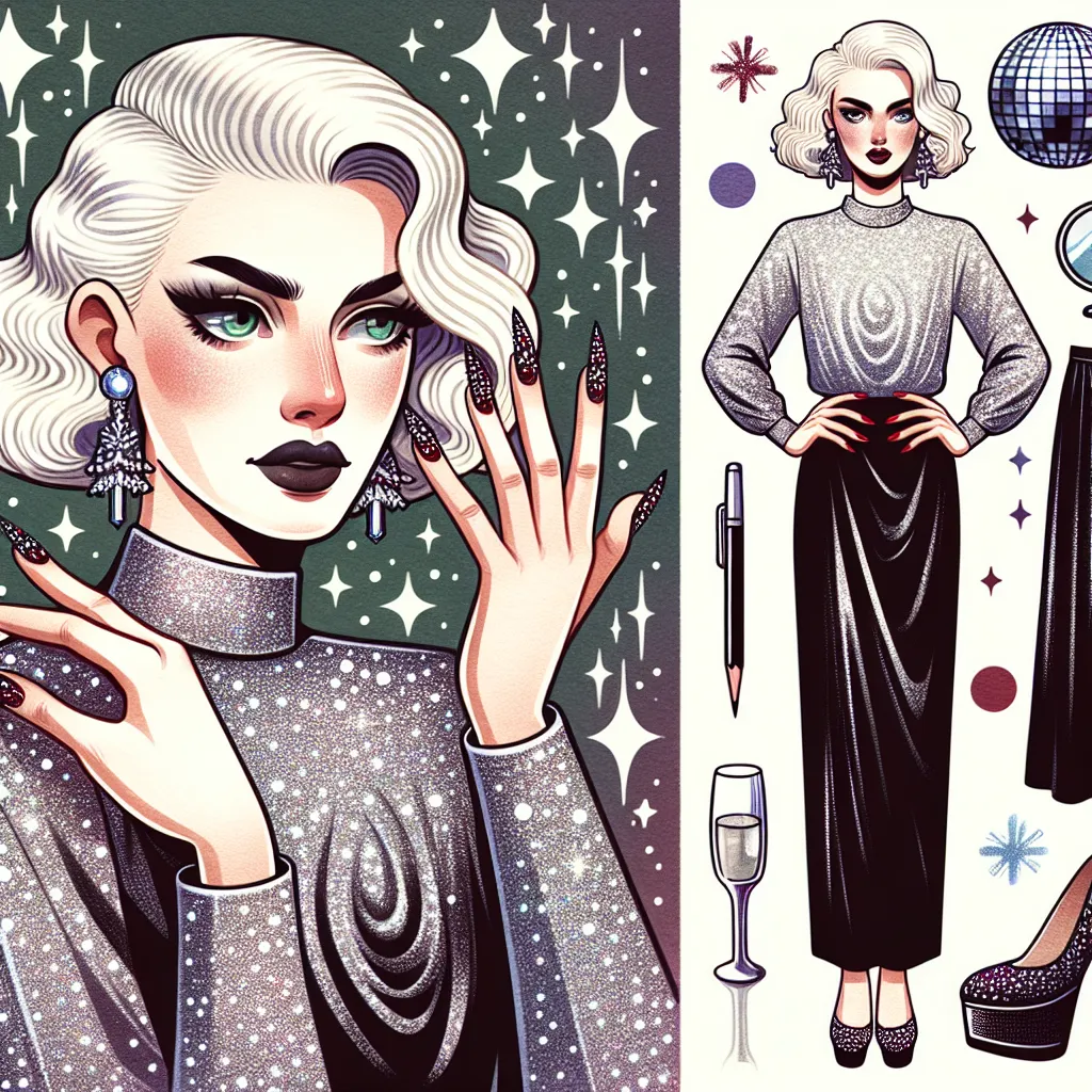 An image description for this story could be:

An illustration of a confident, glamorous drag queen named Bianca, standing at 5 feet 10 inches tall. Bianca has platinum blonde hair styled in voluminous waves that cascade down her back. She is wearing a skimpy, glittery silver crop top paired with a tight black mini skirt that barely reaches mid-thigh. Her platform sandals are flat but with a high studded rhinestone platform. Bianca's nails are long and shaped in a stiletto style, painted a fierc