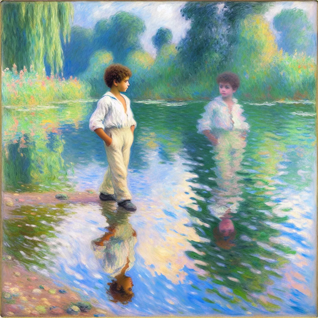 Boy, Reflection, Swap, Transformation, Identity in the style of Monet