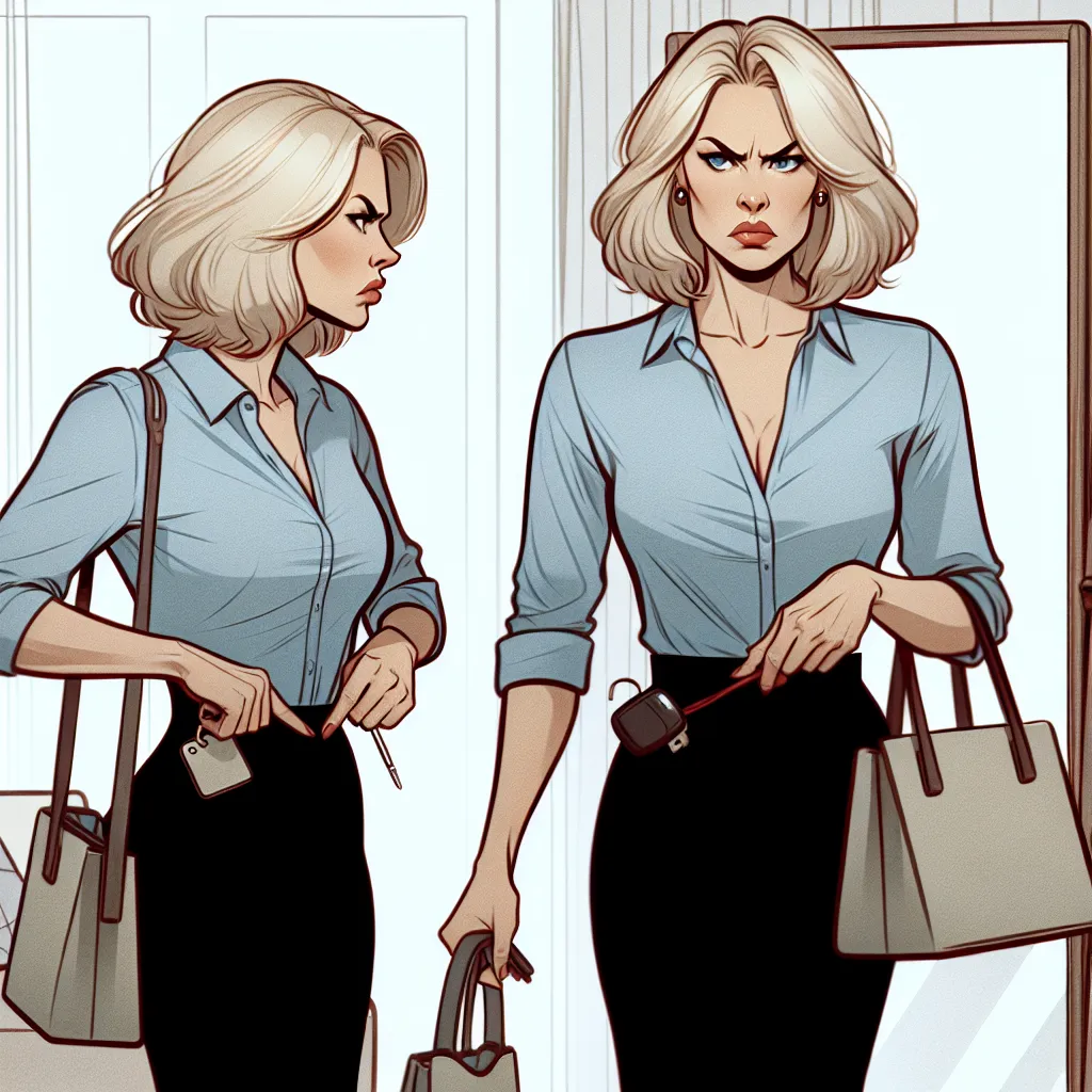 A blonde woman in her 40s, wearing a short skirt and a stern expression, stands in front of a mirror adjusting her outfit. She carries a purse and car keys in her hand, ready to leave the house.