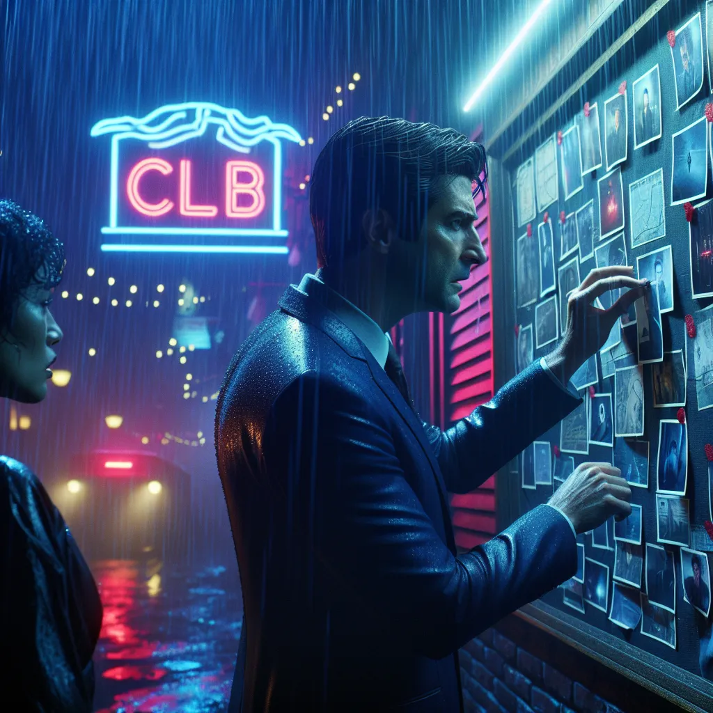 This image will depict a dark, rain-soaked nighttime scene outside a club with glowing neon lights. A mysterious figure in a trim suit, Agent Holden, is seen examining a wall covered with snapshots, timelines, and maps related to a missing persons case. His expression conveys a mix of focus and compassion, while the protagonist, Ruby, watches him with a mixture of hope and uncertainty.