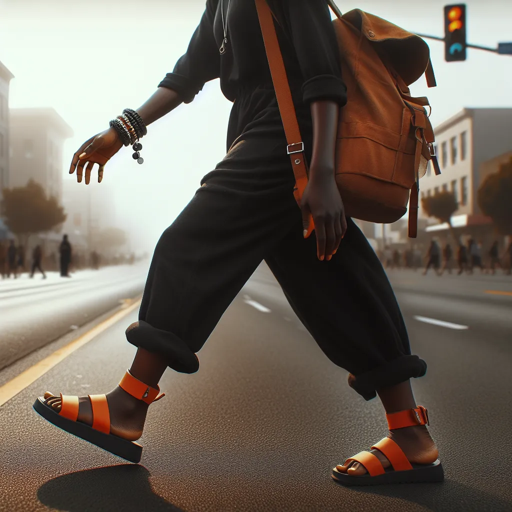 A black woman named Kendra, dressed in a skimpy, black costume and orange sandals, walks alone through an unfamiliar city, her jingling ankle bracelet echoing with every step. She carries herself with strength and determination, embodying resilience as she navigates the challenges that lie ahead on her quest to find her way back home to Baton Rouge.