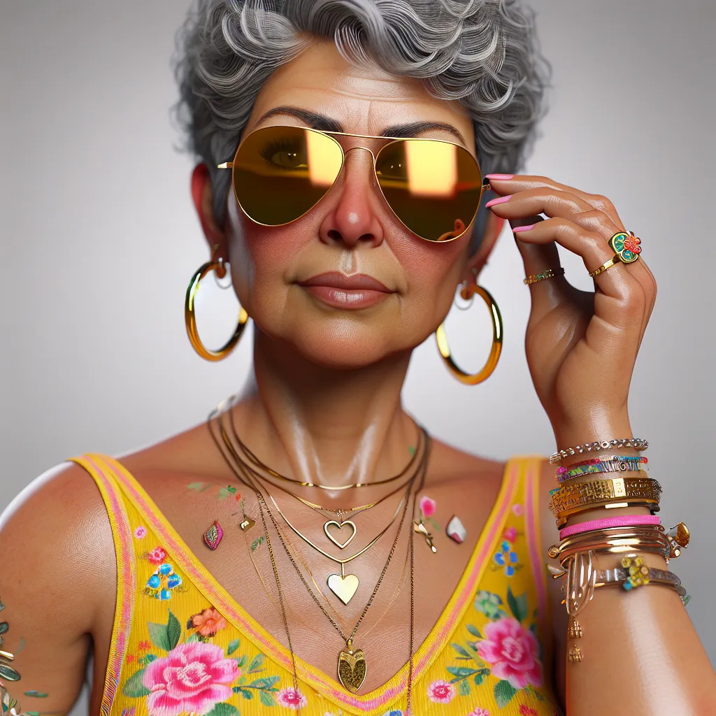 The image accompanying this story depicts a transformed young boy named Brandon, now an older Hispanic woman named Maria Martinez. Maria is seen wearing a bright yellow tank top adorned with colorful floral patterns, casual denim shorts, and solid pink flip flops. She sports oversized, reflective aviator sunglasses with a gold frame and has various pieces of jewelry, including large hoop earrings, a gold wedding ring, a silver bracelet with small charms, a delicate gold necklace with a heart pen