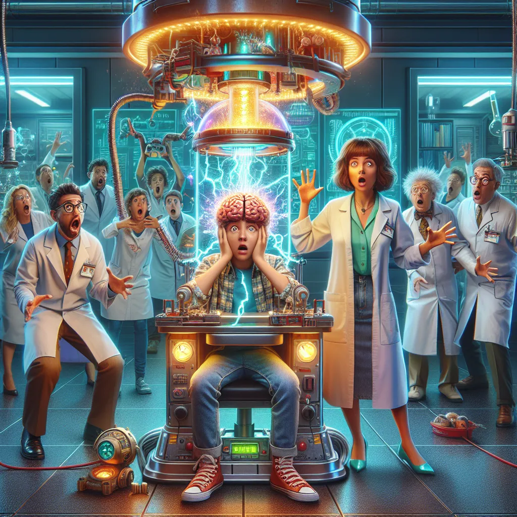 A vivid and humorous tale of a mind-swapping experiment gone awry between a brilliant inventor and a daring participant, resulting in a temporary switch-up between a mother and her son's friend.