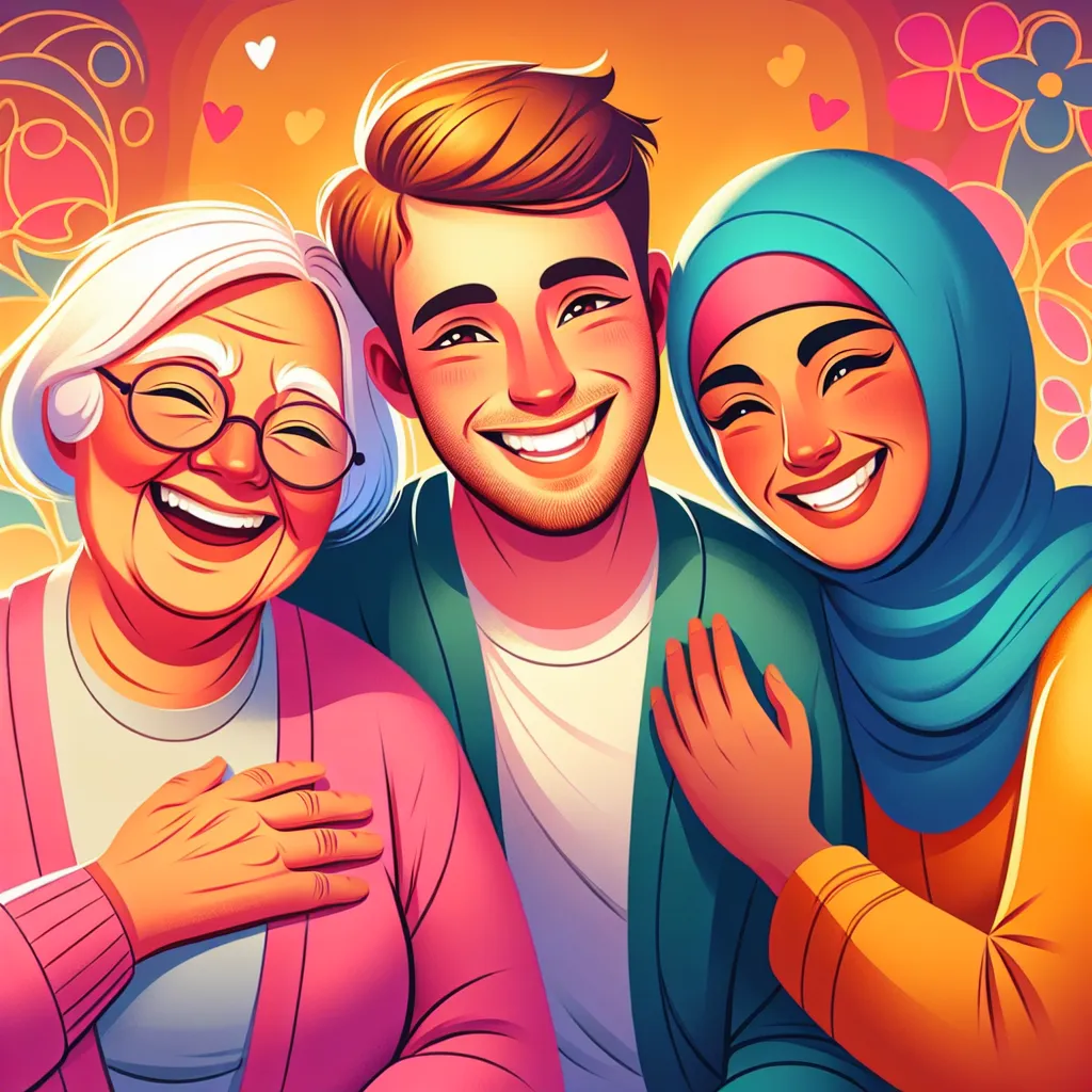 A colorful illustration depicting Mrs. Jackson, Ryan, and Aisha enjoying a playful and loving moment together, surrounded by a warm and inviting atmosphere.