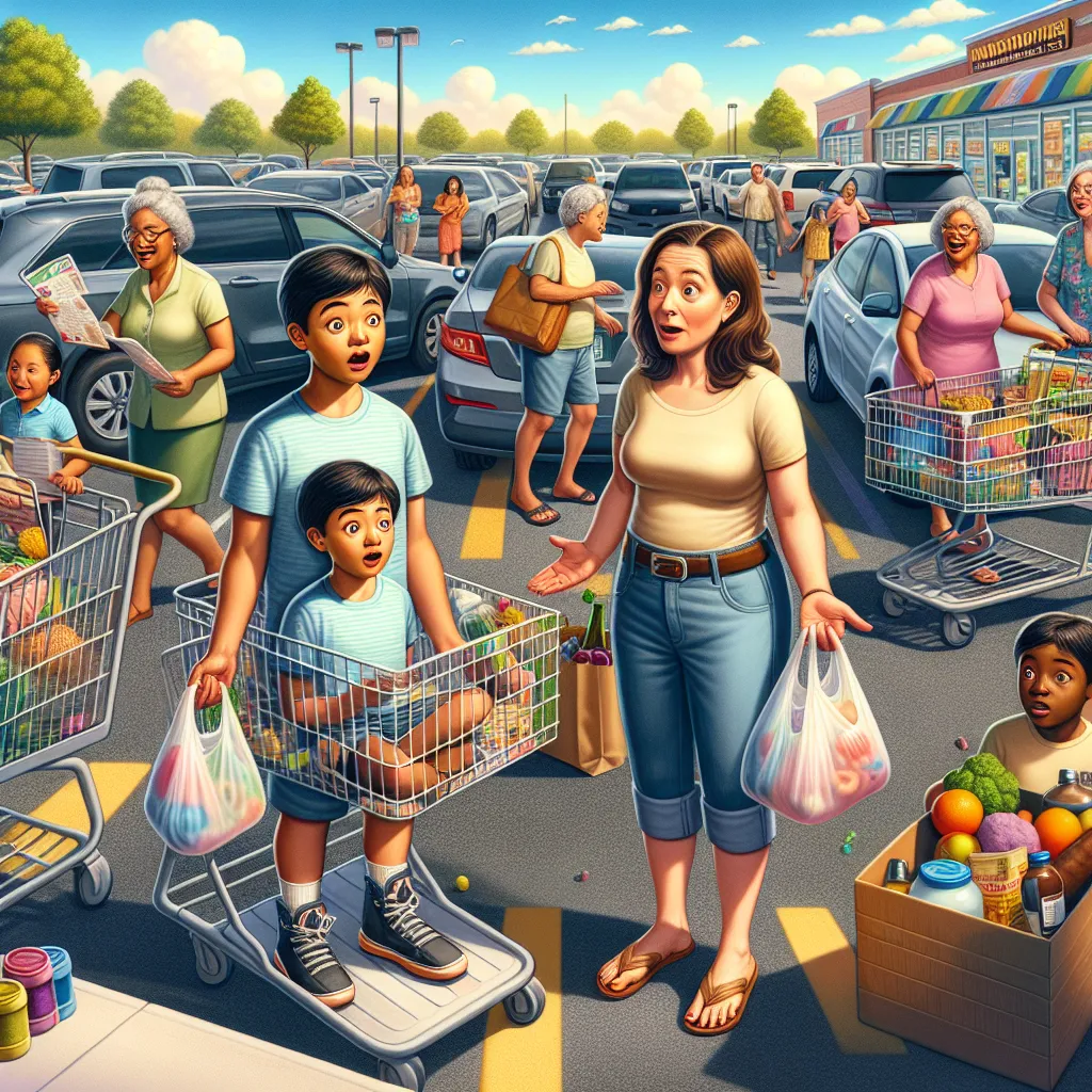 An illustration of the Morales family's Saturday morning grocery shopping adventure takes a fantastical turn as eight-year-old Milo unexpectedly switches bodies with his best friend's mother, Alma Morales, after a whimsical marble-drawing ritual in the supermarket parking lot.