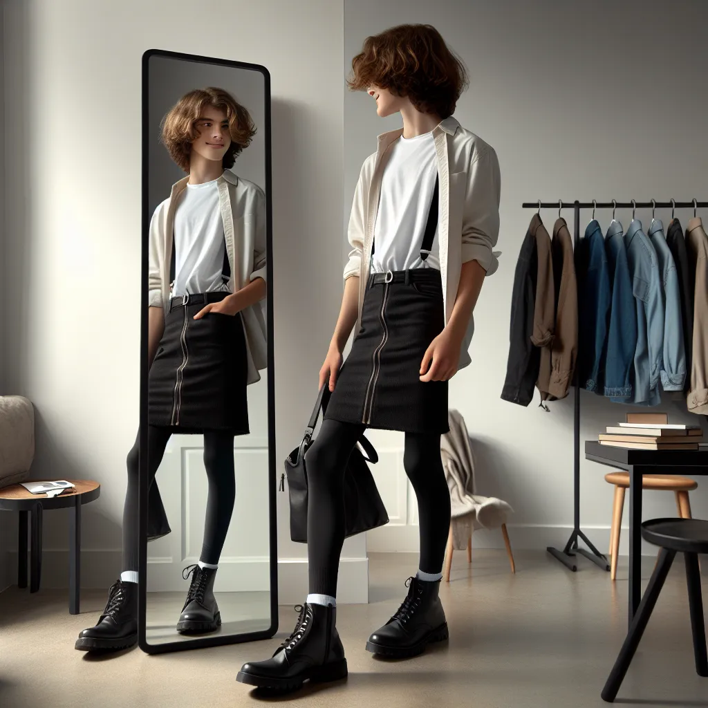 An image of a teenager, Gianluca, standing in front of a mirror in his sister's bedroom, dressed in feminine attire. He is wearing a black legging, white lace underwear, a very short skirt, and a crop top. He completes the look with high-heeled boots and a plastic jacket, holding a small purse against his chest. Gianluca gazes at his reflection with a mischievous smile, feeling a sense of authenticity and freedom in his feminized appearance.