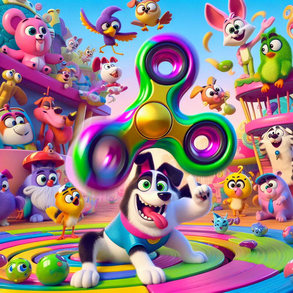 An exciting and humorous scene from an episode of Littlest Pet Shop: A World of Our Own, where Trip uses a hypno-spinner to make his friends act out outrageous behaviors, leading to chaotic and comical situations.