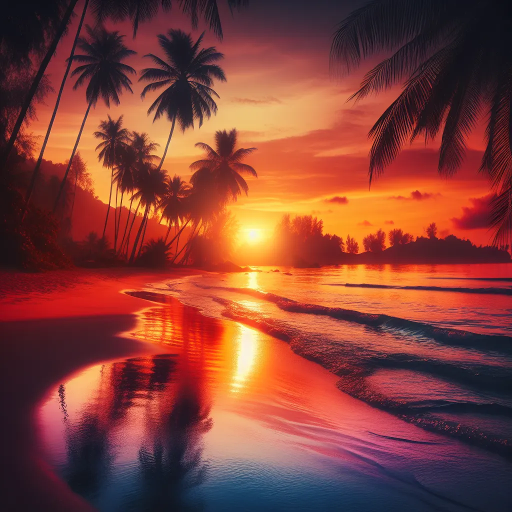 A serene beach at sunset with vibrant hues reflecting on the calm waves, while silhouettes of palm trees sway against the orange sky.