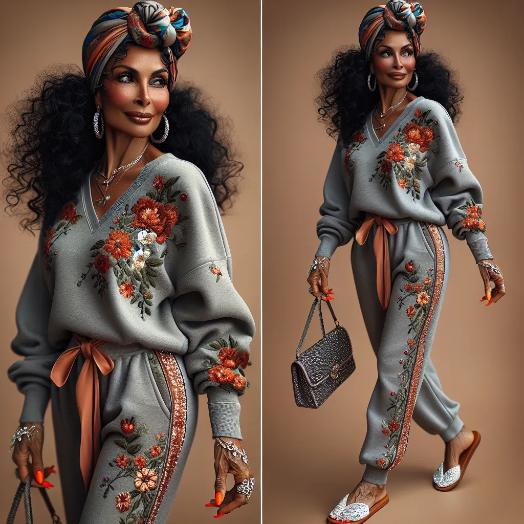 The image description for this story could be: A photo of a confident, stylish women in her early 60s. She has dark, curly hair cascading over her shoulders and is wearing a vibrant headwrap. She is dressed in a gray sweatshirt with intricate floral embroidery, matching sweatpants with sequins along the sides, and white flip flops adorned with silver rhinestones. Her nails are painted a bright orange color. She is walking confidently with a purse slung over her shoulder, exuding a sense of self-