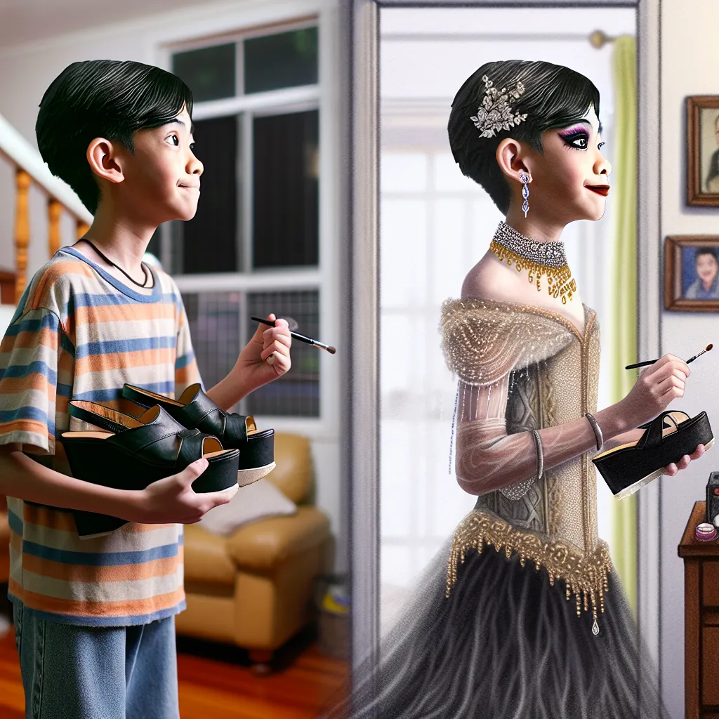 A young boy named Tyler is transformed into his friend's elegant mom, Linda, after accidentally trying on her platform sandals. In a whirlwind of shifts from head to toe, Tyler becomes Linda, complete with her gown, jewelry, and makeup. Panicked and pleading for help, Tyler desperately clings to memories of video games before succumbing to his new identity. Linda, now fully in control, prepares for her anniversary dinner, unaware of Tyler's existence. The house is left peaceful, embodying a new 
