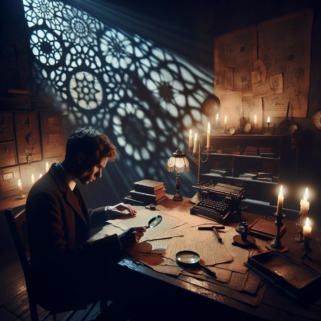 Title: "The Enigmatic Cipher: Unraveling the Secrets of Shadows"
Genre: Mystery

Description: A dimly lit room with mysterious shadows dancing on the walls. In the center, an old wooden desk covered with ancient manuscripts, magnifying glasses, and a flickering candle. A determined investigator pours over cryptic codes, searching for clues to solve the enigma.