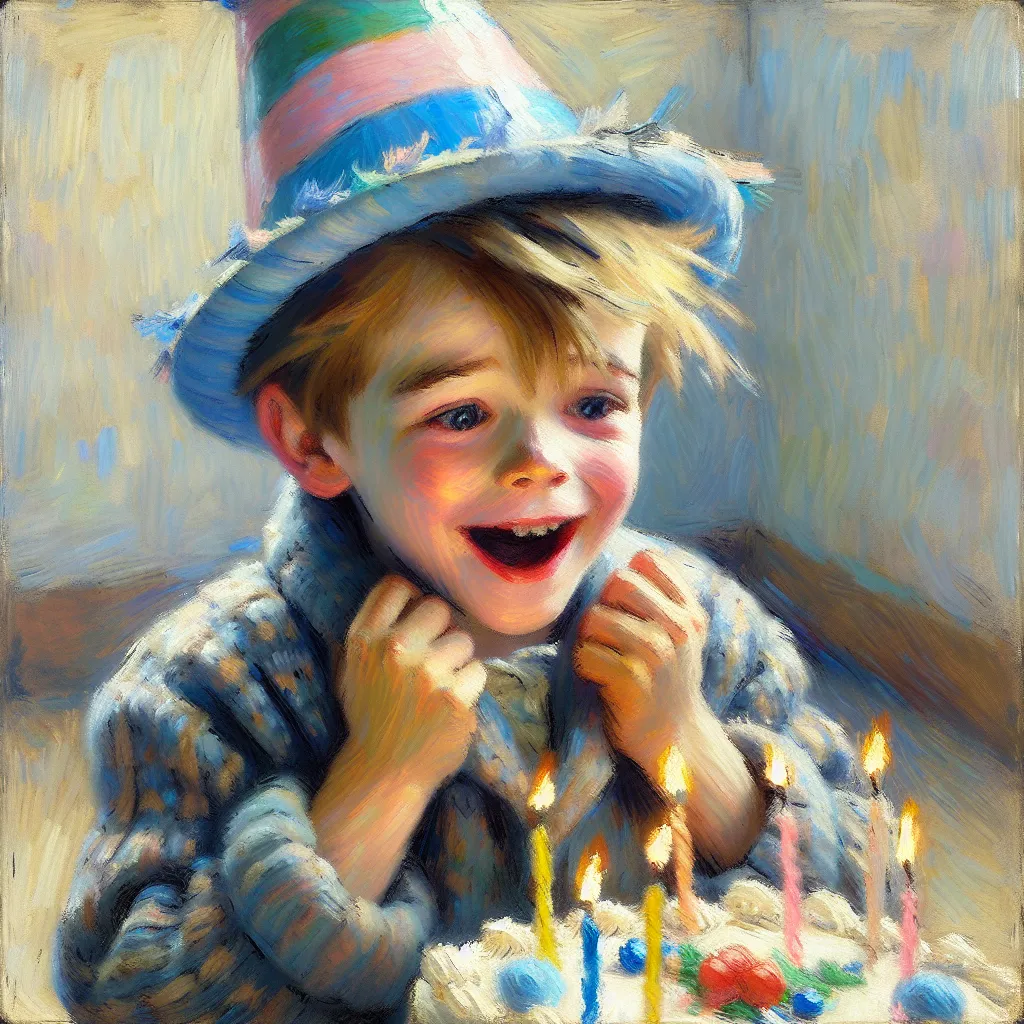 Boy, Birthday, Curious, Childhood, Loss in the style of Monet