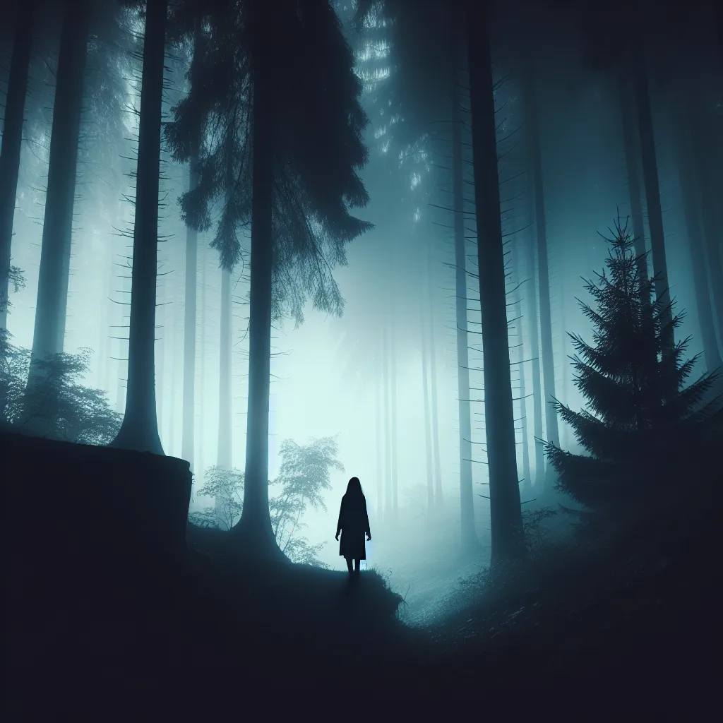 A hauntingly beautiful silhouette of a lone figure standing at the edge of a mysterious, mist-covered forest, surrounded by towering trees and an ethereal atmosphere.