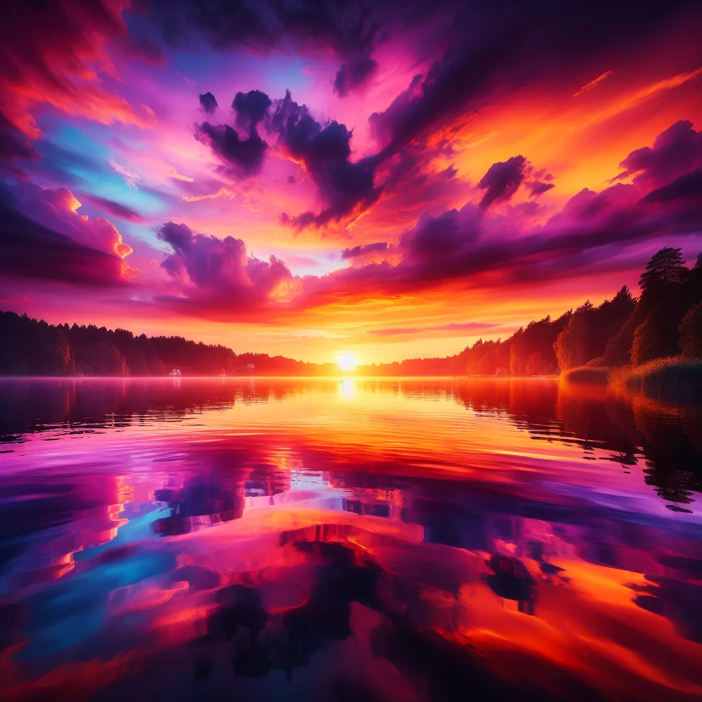A beautiful sunset over a serene lake, with vibrant hues of orange, pink, and purple reflecting upon calm waters.