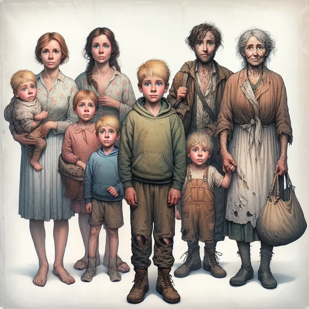 An image depicting a young boy named Max, with blonde hair and blue eyes, surrounded by his family members: his mother Sarah, his cousin Lisa, his aunt Rebecca, and his grandmother Linda. Max's face is filled with confusion and concern as he finds himself transformed into a homeless woman named Samantha, dressed in tattered clothes and holding a purse. Samantha's appearance is disheveled, with messy hair and a worn-out expression. The image captures the stark contrast between Max's innocent chil